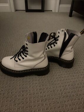 Dr. Martens White Leather Lace-Up Combat Boots with Black Accents